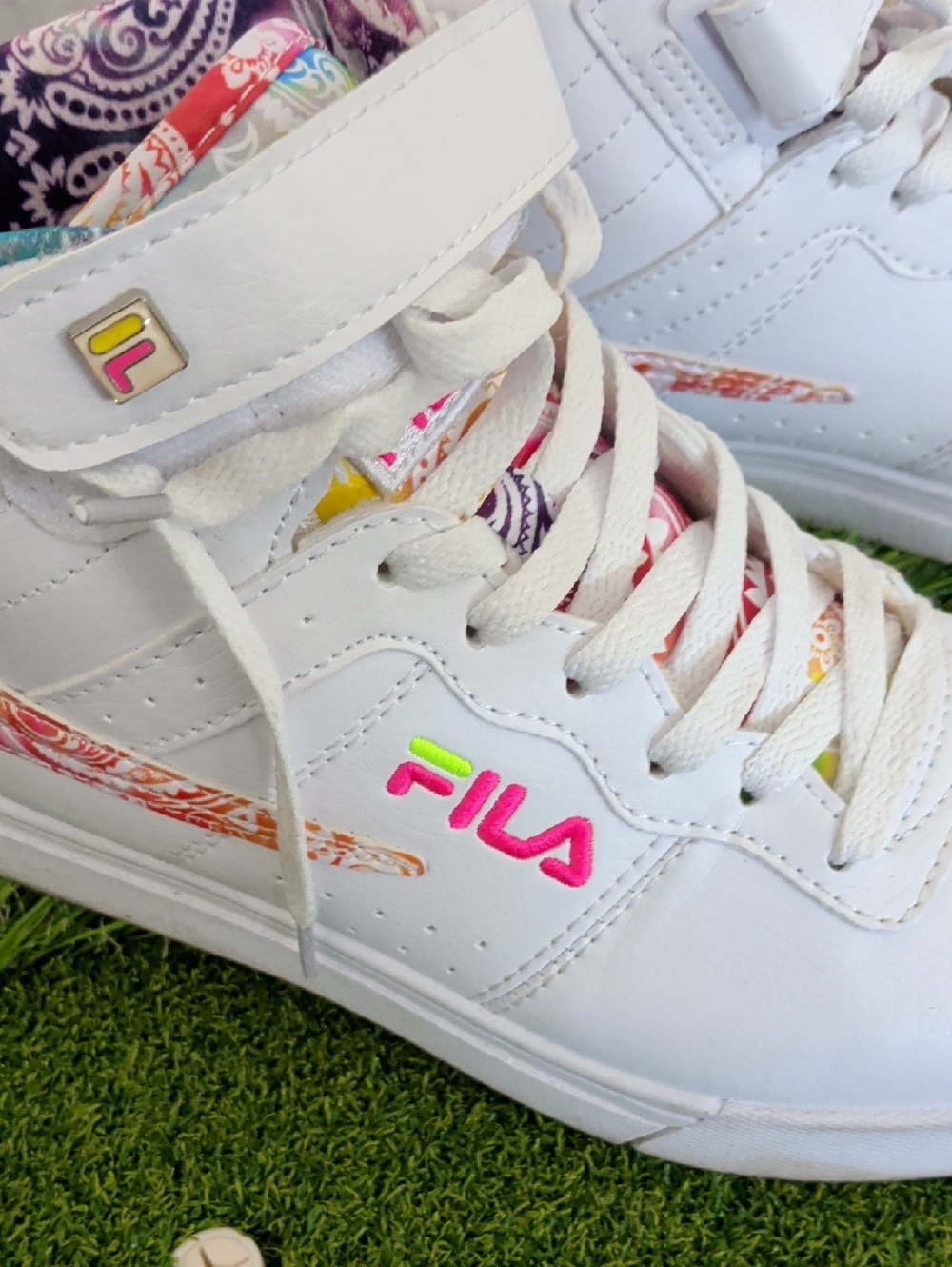 FILA White High-Top Sneakers with Neon Pink & Lime Logo Accents